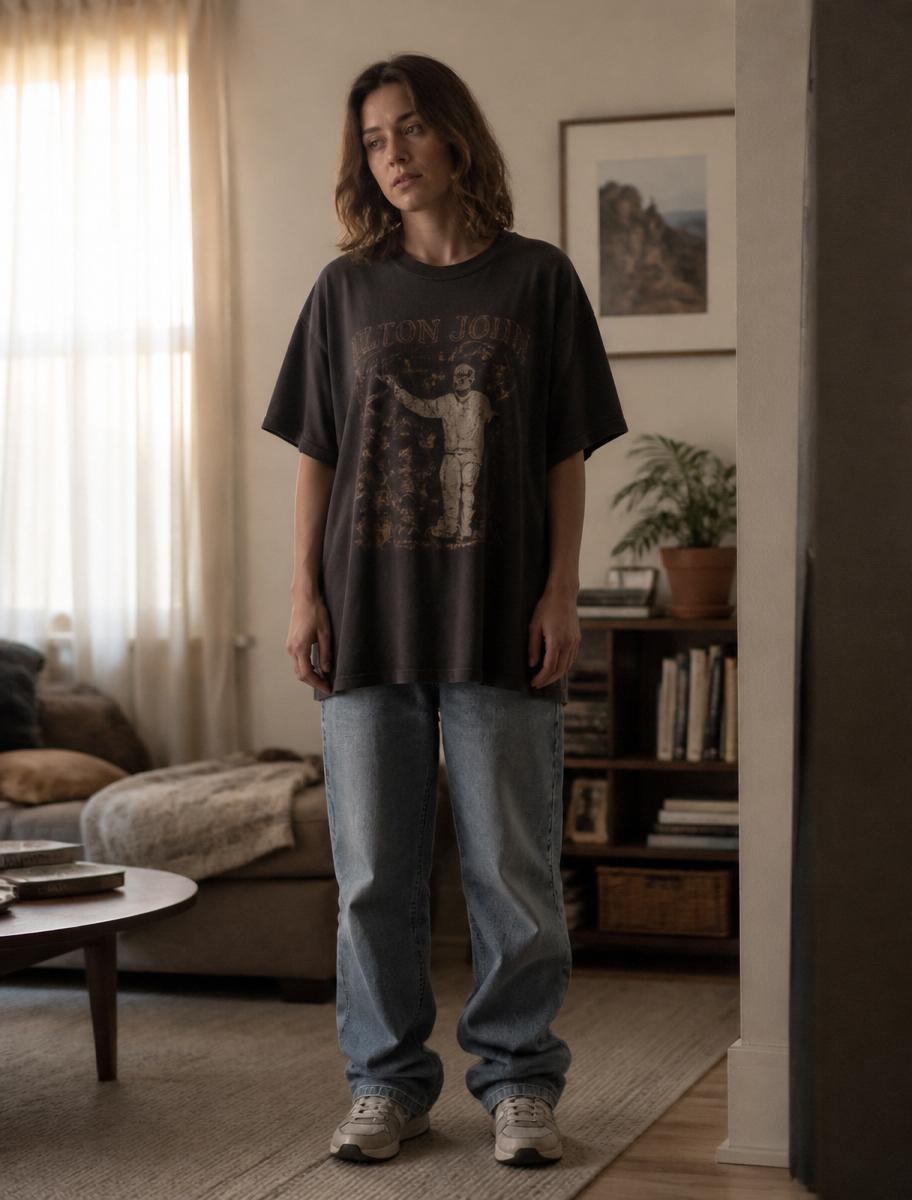 The same woman before, in a mismatched everyday outfit